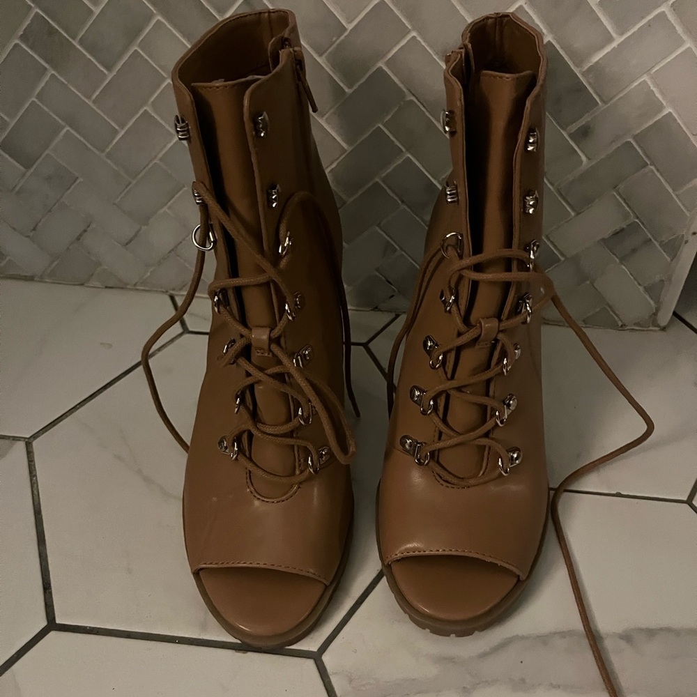 INC brown Lace-Up Peep Toe Boots
